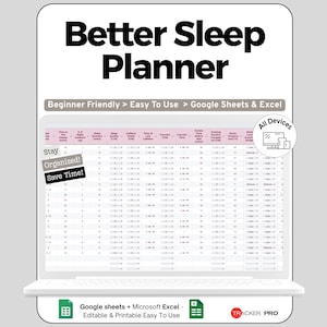 Peut inclure: Un planificateur de sommeil numérique affiché sur un écran d'ordinateur portable. Le planificateur est conçu pour Google Sheets et Excel, et est facile à utiliser. Le texte à l'écran indique "Better Sleep Planner" et "Stay Organized! Save Time!"