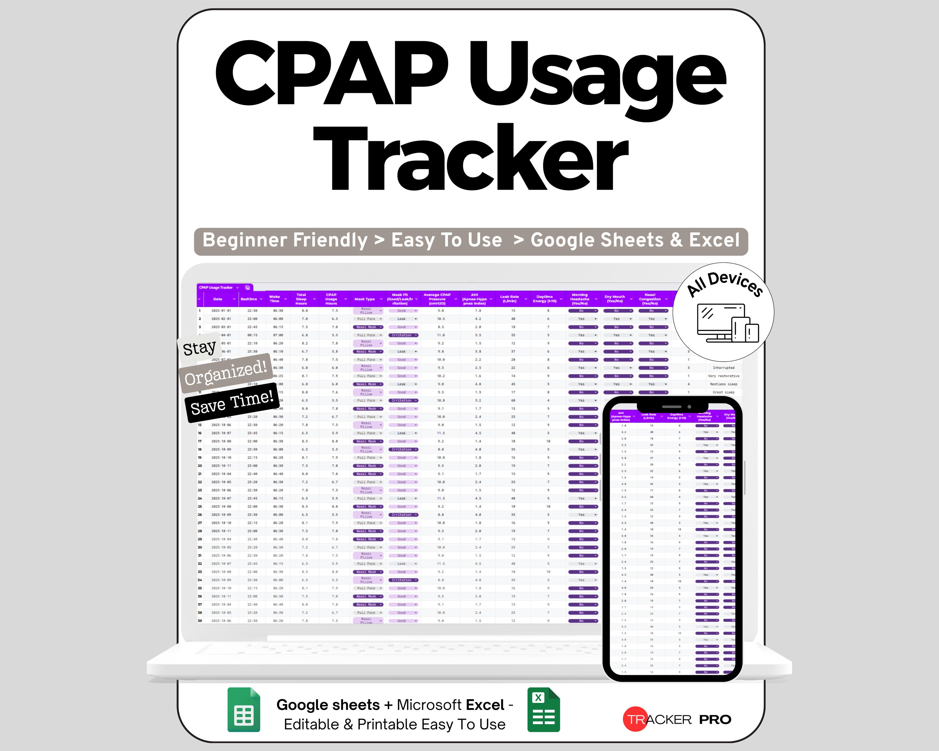 Sleep Apnea CPAP Usage Excel Google Sheets, Monitor CPAP Machine Hours ...
