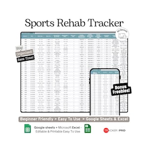 Sports Injury Rehab and Recovery Excel Google Sheets, Track Exercises, Pain Levels, Progress, Therapy Sessions, Healing Goals,Fitness Log
