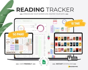 May include: A digital reading tracker with 18 tabs, 50 pages, and a book tracker section. The tracker is designed to streamline your workflow and master your data. It is user-friendly and includes an extra bonus. The image shows a laptop with the tracker open on the screen.