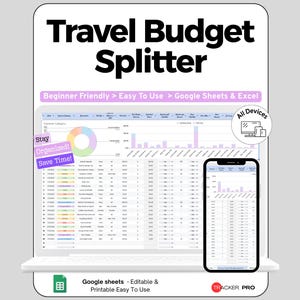 May include: A digital Travel Budget Splitter spreadsheet template displayed on a laptop and smartphone screen. The interface features colourful charts, expense categories, and data columns. Text includes 'Travel Budget Splitter', 'Beginner Friendly', 'Google Sheets & Excel', 'Stay Organized! Save Time!', and 'All Devices'.