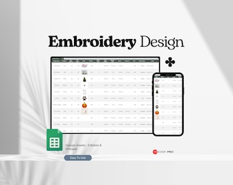Embroidery Design Inventory Tracker Spreadsheet, Embroidery Business, Embroidery Pattern Organizer Template Google Sheets, Applique Designs