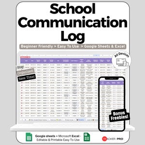 Peut inclure: Une feuille de suivi de communication scolaire numérique affichée sur un ordinateur portable et un smartphone. Le journal est conçu pour Google Sheets et Excel, avec le texte "School Communication Log" en haut. Le texte supplémentaire comprend "Beginner Friendly > Easy To Use".