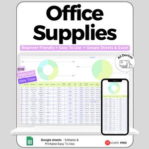 May include: A digital office supplies inventory tracker displayed on a laptop and smartphone screen. The interface features pie charts and a spreadsheet with columns for item name, category, quantity, and cost, compatible with Google Sheets and Excel.