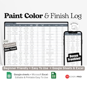 Registro di colori e finiture delle vernici Google Excel, Tracker di ristrutturazioni domestiche, Organizzatore di vernici per pareti, Foglio di calcolo di Google Fogli per l'inventario dei campioni di vernice