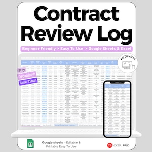 May include: A digital Contract Review Log spreadsheet template displayed on a laptop and smartphone screen. The interface features columns for tracking contract details, with text overlays including "Beginner Friendly," "Stay Organized!," and "Save Time!."