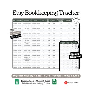 Etsy Bookkeeping and VAT Tracker Google Sheets Template (Seller Income, Expenses, Taxes and Business Finance Log) Excel Editable
