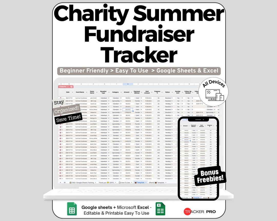 Fundraiser Spreadsheet for Google Sheets and Excel Donation Tracking ...