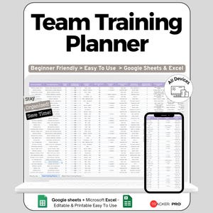 Puede incluir: Un planificador digital de entrenamiento en equipo que se muestra en una computadora portátil y un teléfono inteligente. El planificador está diseñado para Google Sheets y Excel, y es fácil de usar para principiantes. El texto de la imagen dice "Team Training Planner".