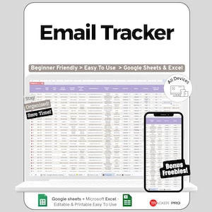 Könnte beinhalten: Ein digitaler E-Mail-Tracker, der auf einem Laptop und Smartphone angezeigt wird. Der Laptop-Bildschirm zeigt eine Tabelle mit Daten, und das Telefon zeigt eine ähnliche Oberfläche. Text enthält "Email Tracker" und "Bonus Freebies!"