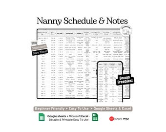 Live-In Nanny or Au Pair Schedule Google Sheets Template, Childcare Tasks, Daily Schedule and Notes Tracker Spreadsheet, Excel