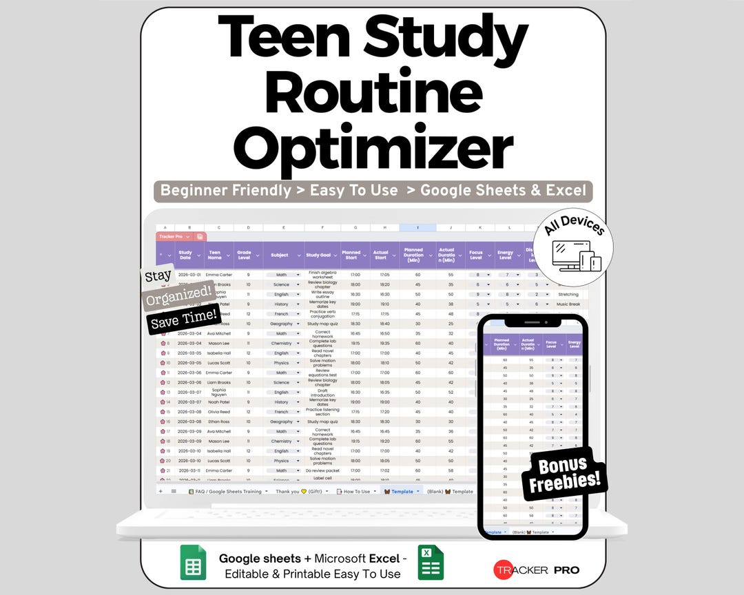 Study Routine Spreadsheet for Google Sheets and Excel Time Blocking and ...