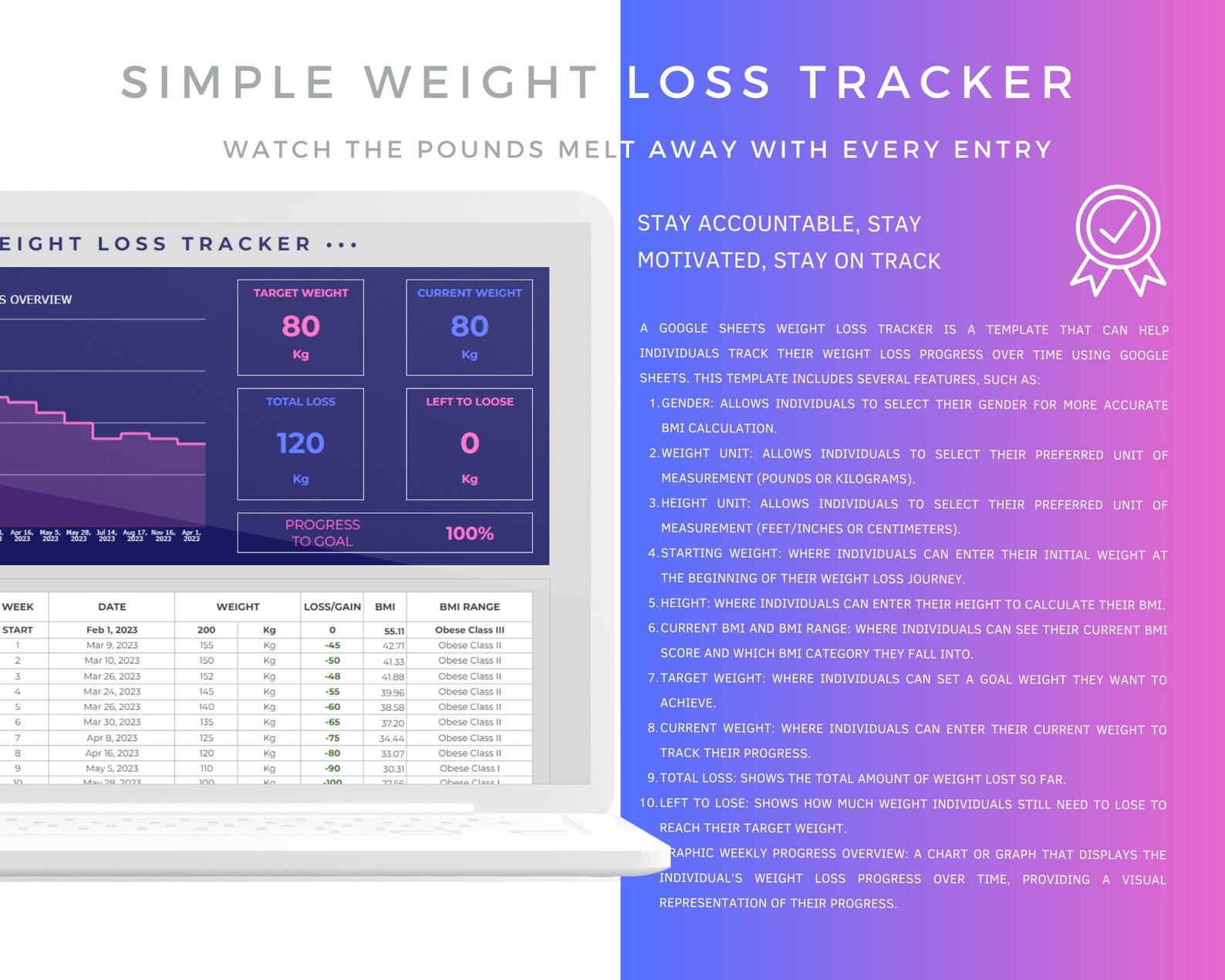 Weight Loss Tracker Excel, Weight Loss Tracker Google Sheets, Weight Loss Planner Excel, Weight