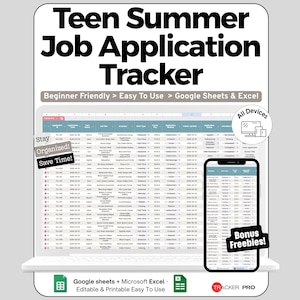 Teen Job Spreadsheet for Google Sheets and Excel Application Tracking and Interview Dashboard
