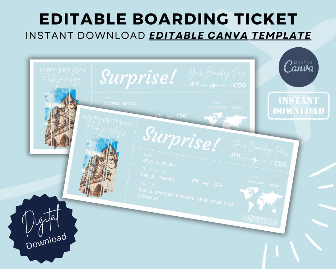 Editable Boarding Pass Surprise Trip, Plane Boarding Pass Template ...