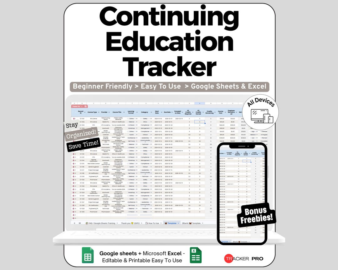 Continuing Education Tracker, CEU Hours Tracking Spreadsheet Template ...