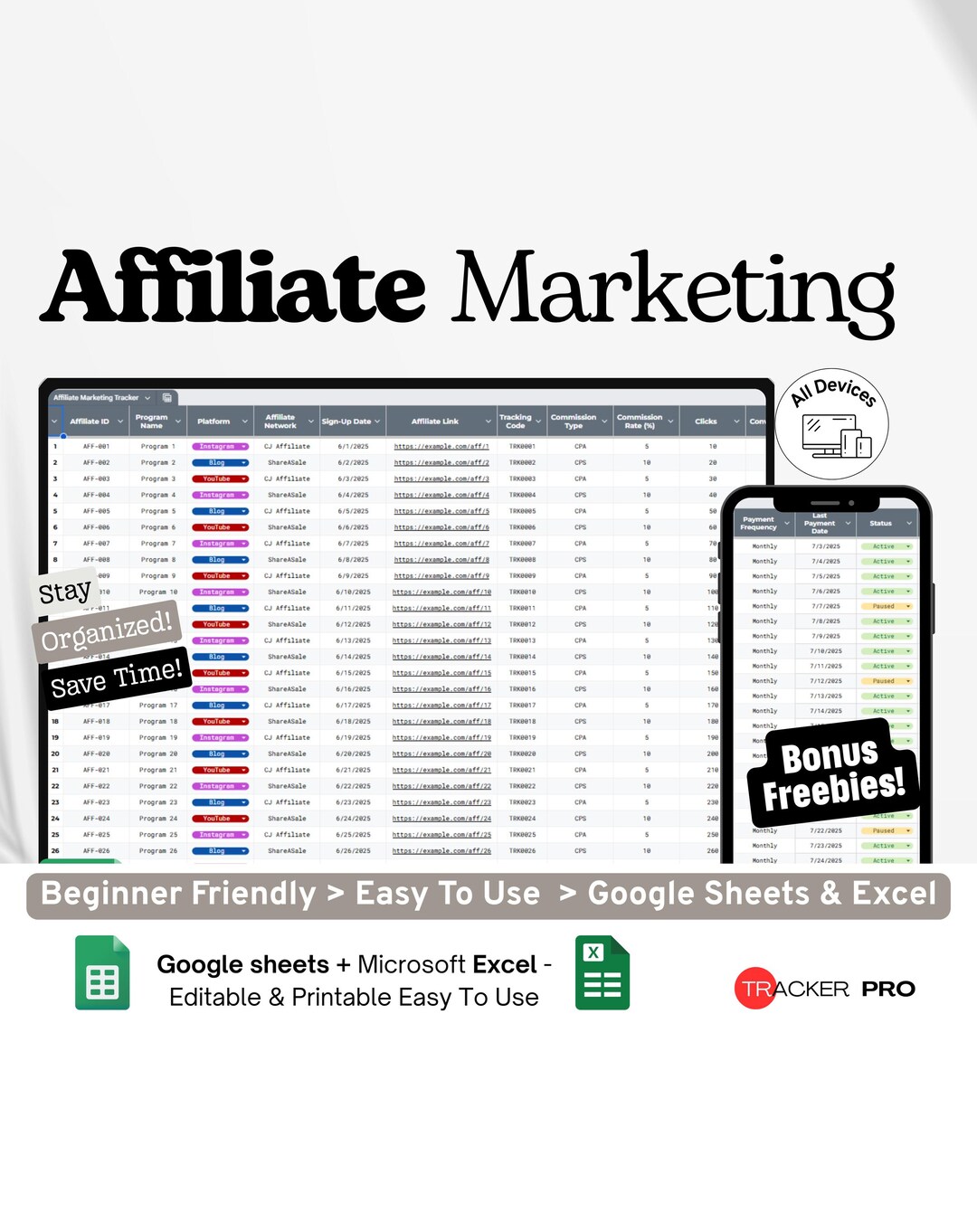 Affiliate Marketing Tracker Google Excel, Affiliate Link Organizer, Sales &amp; Commission Log ...
