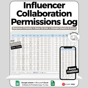 Może przedstawiać: Cyfrowy szablon dziennika uprawnień do współpracy z influencerami dla Google Sheets i Excel. Wyświetlacz pokazuje interfejs arkusza kalkulacyjnego na ekranie laptopa i smartfona z etykietami tekstowymi, takimi jak Beginner Friendly i Bonus Freebies.