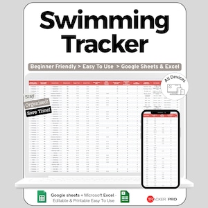 Swimming Training and Meet Performance Excel Google Sheets , Track Swim Workouts, Times, Meet Results, Progress, Training Sessions, Planner