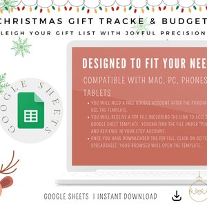 May include: A digital Christmas gift tracker and budget template, designed to fit your needs. Compatible with Mac, PC, phones, or tablets. The image includes text that says "Christmas Gift Tracker & Budget" and "Google Sheets | Instant Download".