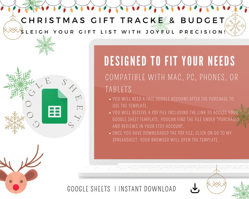 May include: A digital Christmas gift tracker and budget template, designed to fit your needs. Compatible with Mac, PC, phones, or tablets. The image includes text that says "Christmas Gift Tracker & Budget" and "Google Sheets | Instant Download".