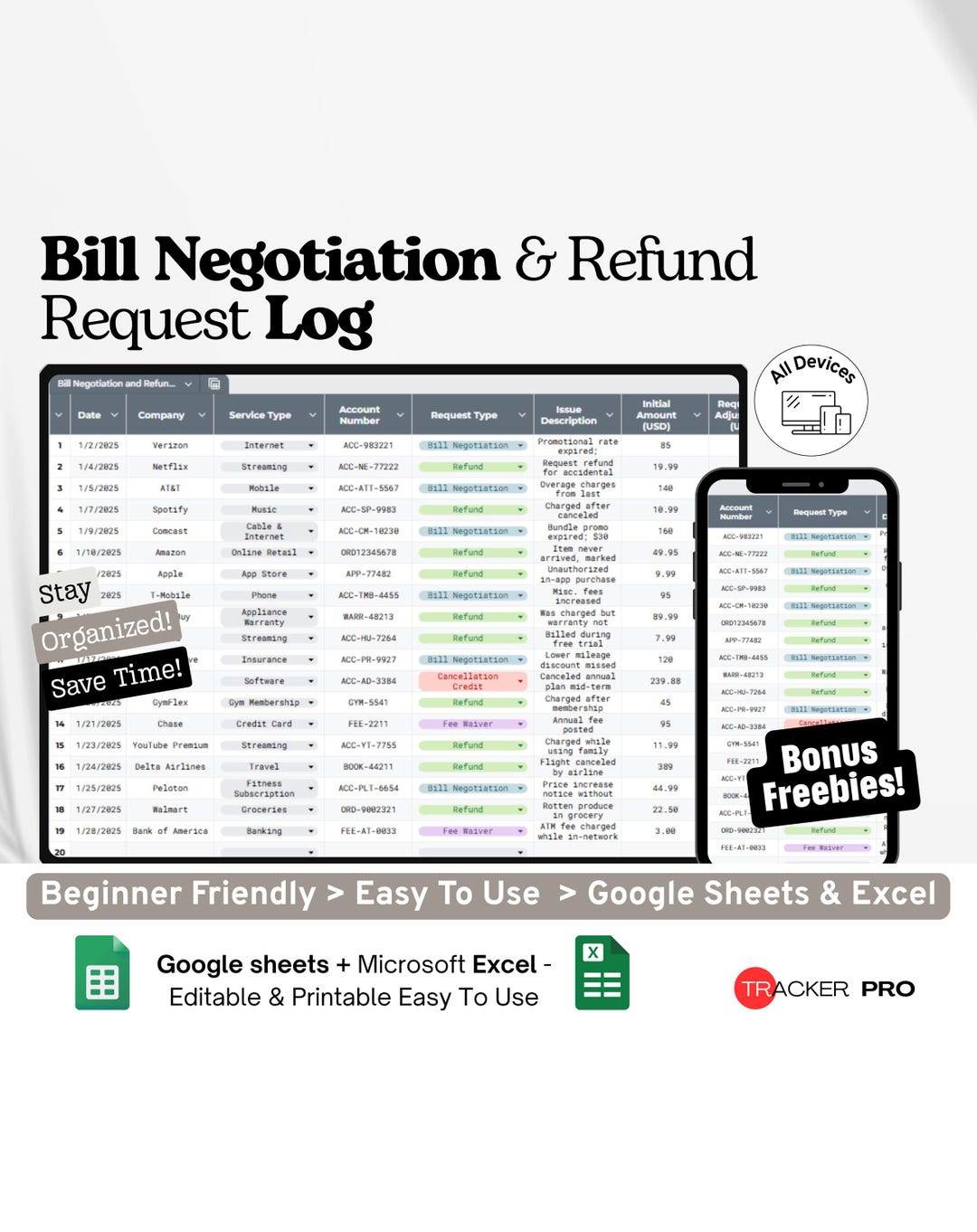 Bill Negotiation & Refund Request Log Google Excel, Customer Service ...