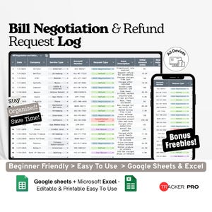 Dziennik negocjacji rachunków i wniosków o zwrot pieniędzy w programie Google Excel, śledzenie połączeń z obsługą klienta, dziennik e-maili o zwrotach pieniędzy, szablon rejestru nadpłat