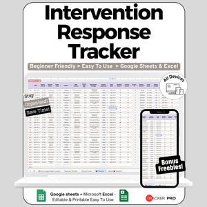 Kalkylblad för interventionsspårning för Google Sheets och Excel RTI-övervakning och instrumentpanel för studentstöd
