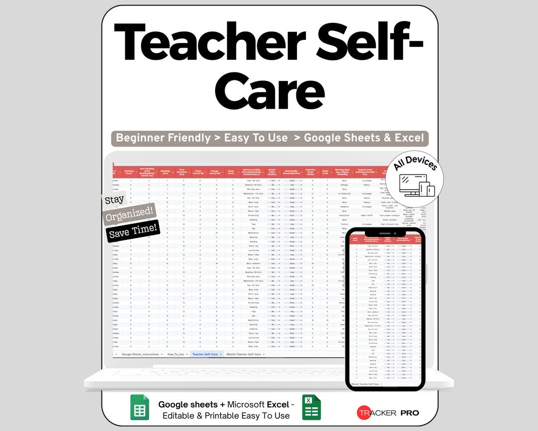Teacher Self Care and Workload Balance Planner Google Sheets , Track ...