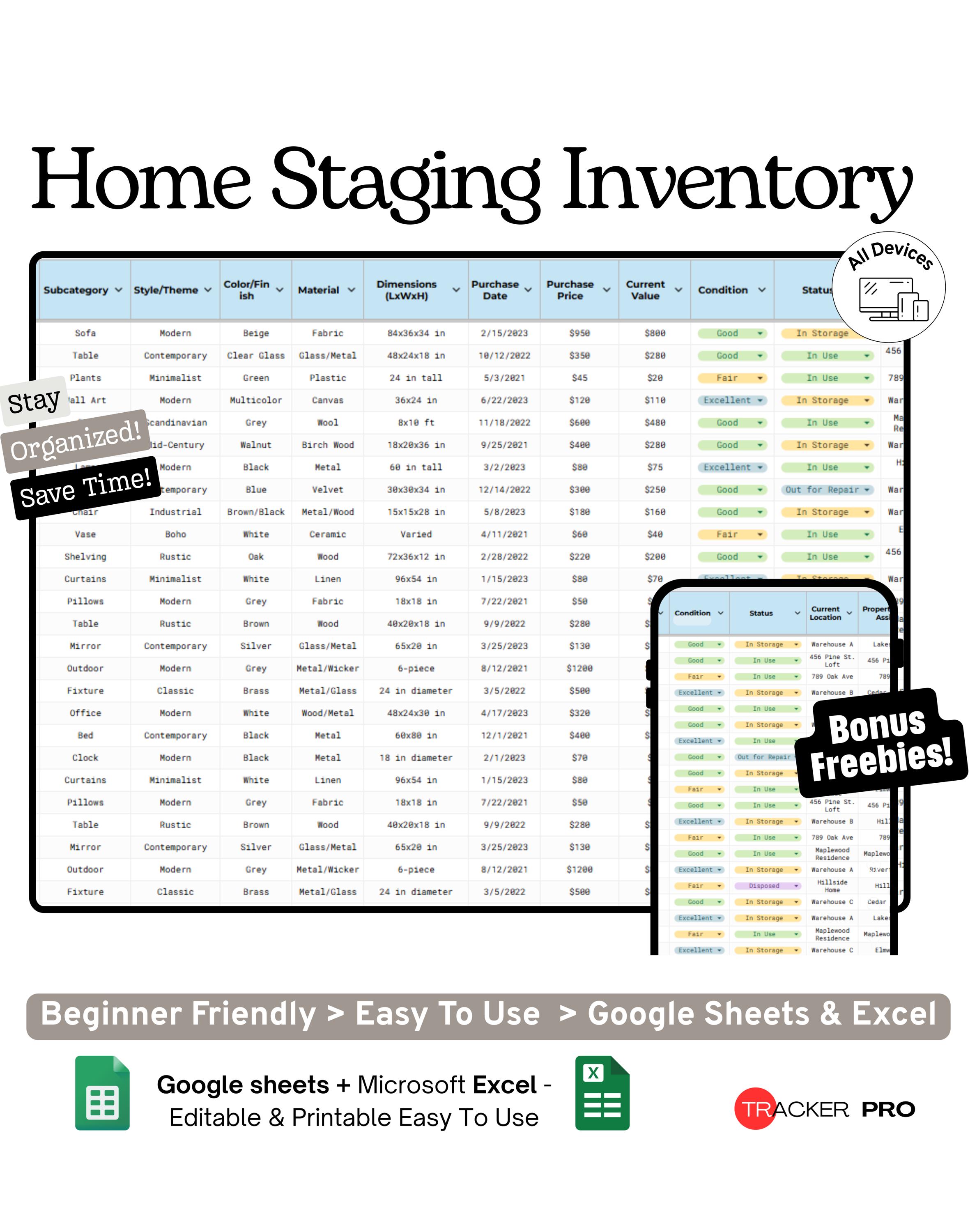 Home Staging Inventory Tracker Google Sheets Template (furniture, Decor ...