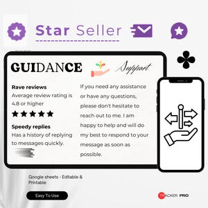 May include: A digital graphic promoting a Star Seller. The image features a tablet and a smartphone. The tablet displays the word "GUIDANCE" and information about rave reviews and speedy replies. The smartphone shows an icon of arrows and a hand.