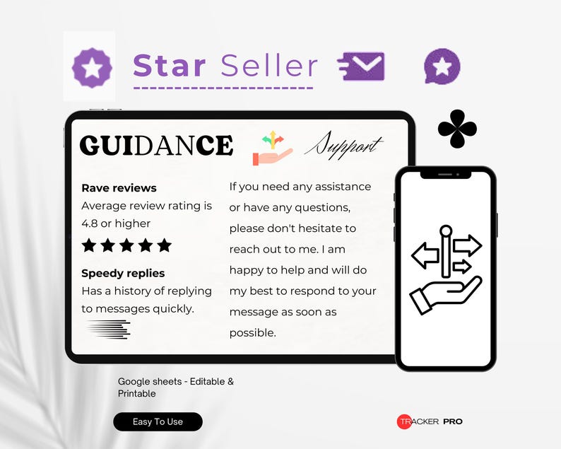 May include: A digital graphic promoting a Star Seller. The image features a tablet and a smartphone. The tablet displays the word "GUIDANCE" and information about rave reviews and speedy replies. The smartphone shows an icon of arrows and a hand.