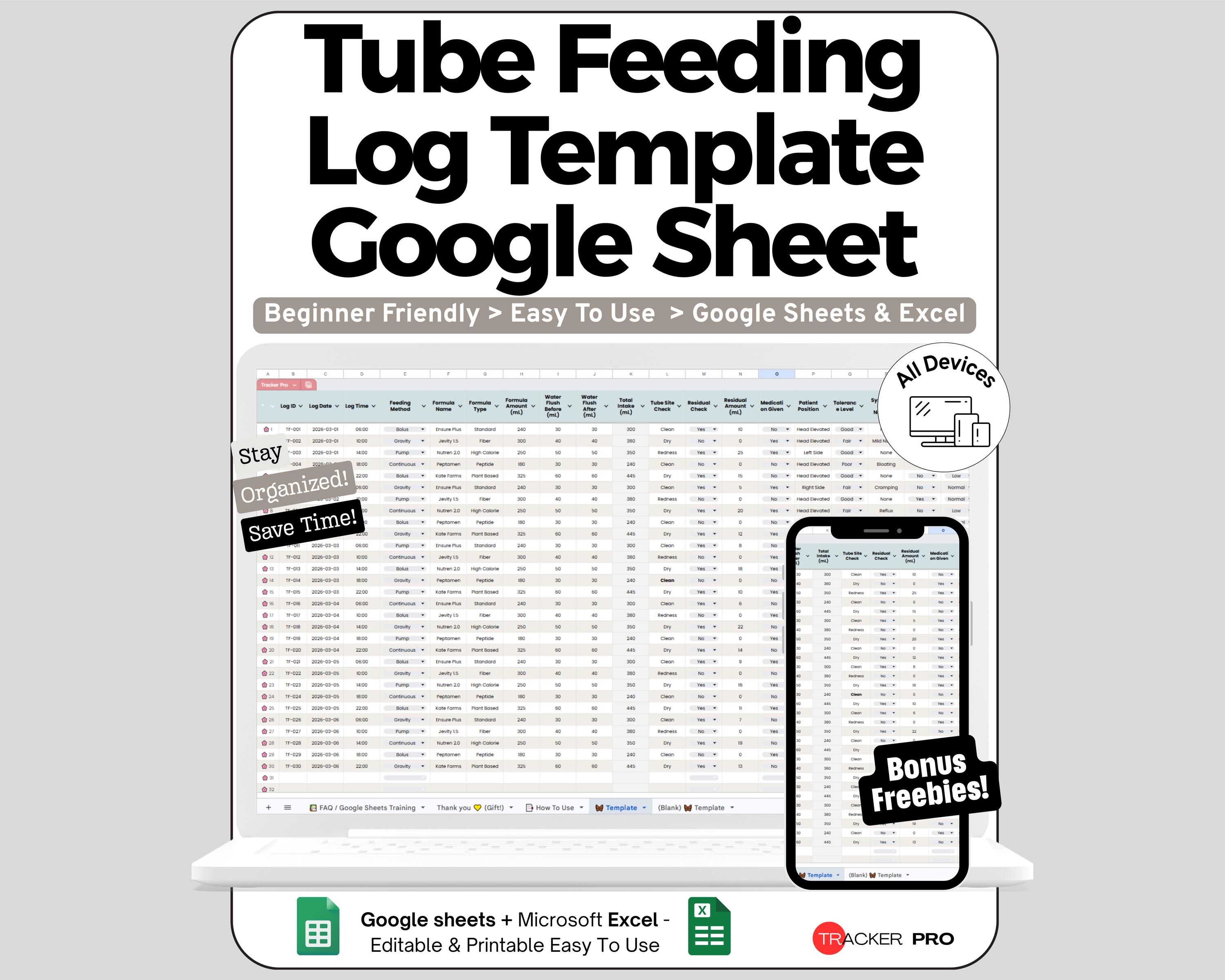 Tube Feeding Log Template Google Sheet, JTube, G-tube, PEG Tube Tracker, Tubie Caregiver Log Feeding Tube Excel Spreadsheet Template