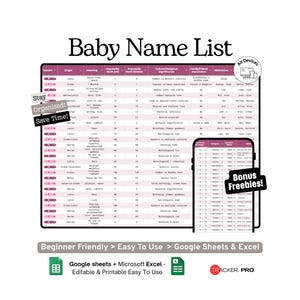 Google Sheets-Vorlage für Babynamen-Ideen und Bedeutungen, Namensfinder für Babynamen, Bedeutungen, Herkunft und Namensinspirationen (Excel)