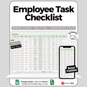 Peut inclure: Un modèle numérique de liste de tâches pour employés pour Google Sheets et Excel affiché sur un écran d'ordinateur portable et de smartphone. L'interface présente des colonnes pour les détails, la priorité, le statut et les dates. Inclut les textes : Stay Organized!, Save Time!, All Devices, et Bonus Freebies!.