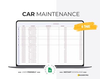 May include: A laptop screen displaying a car maintenance expense tracker. The spreadsheet shows categories like cleaning, registration, and loan payments. The words "CAR MAINTENANCE" and "6 TABS" are visible. The words "USER FRIENDLY" and "INSTANT DOWNLOAD" are also visible.
