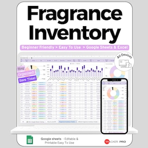 May include: A digital fragrance inventory tracker displayed on a laptop and smartphone screen. The interface features charts, graphs, and data tables in purple and pastel tones. Text includes "Fragrance Inventory," "Beginner Friendly," and "All Devices."