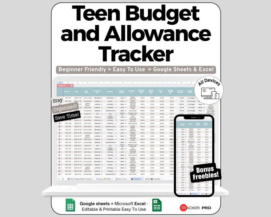 Teen Budget Spreadsheet for Google Sheets and Excel Allowance Tracking ...