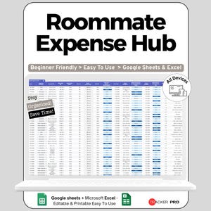 Può includere: Un foglio di calcolo digitale intitolato "Roommate Expense Hub" visualizzato sullo schermo di un laptop. Il foglio di calcolo è organizzato con righe e colonne e il testo "Beginner Friendly > Easy To Use > Google Sheets & Excel" è visibile. Il testo aggiuntivo include "Stay Organized! Save Time!"