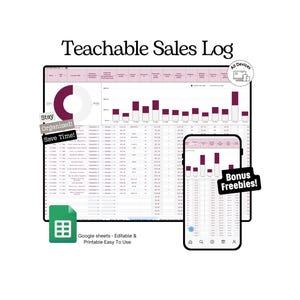 Registro de ventas de cursos de Teachable y Thinkific en Hojas de Cálculo de Google | Seguimiento de cursos, ventas, estudiantes, ingresos y ganancias. Planificador de negocios para educación en línea.