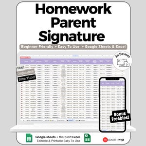 Peut inclure: Maquette de produit numérique avec un ordinateur portable et un smartphone affichant une feuille de calcul. Le texte "Homework Parent Signature" est en haut. Le texte supplémentaire comprend "Beginner Friendly > Easy To Use > Google Sheets & Excel" et "All Devices."