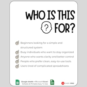 Pode incluir: Uma placa informativa branca com texto preto lendo WHO IS THIS FOR? seguida por uma lista de cinco pontos com marcas de verifica&ccedil;&atilde;o. A lista inclui iniciantes, pessoas ocupadas, quem busca controle, usu&aacute;rios de ferramentas simples e planilhas. Inclui &iacute;cones do Google Sheets e Excel.