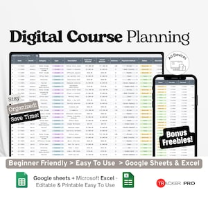 デジタルコースプランニングワークブック Google Excel、オンラインコースアウトラインテンプレート、カリキュラムプランナー、指導モジュールログ Google Sheets