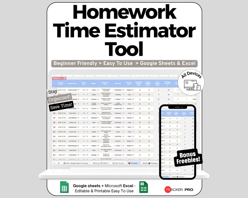 Homework Estimator Spreadsheet for Google Sheets and Excel Assignment ...