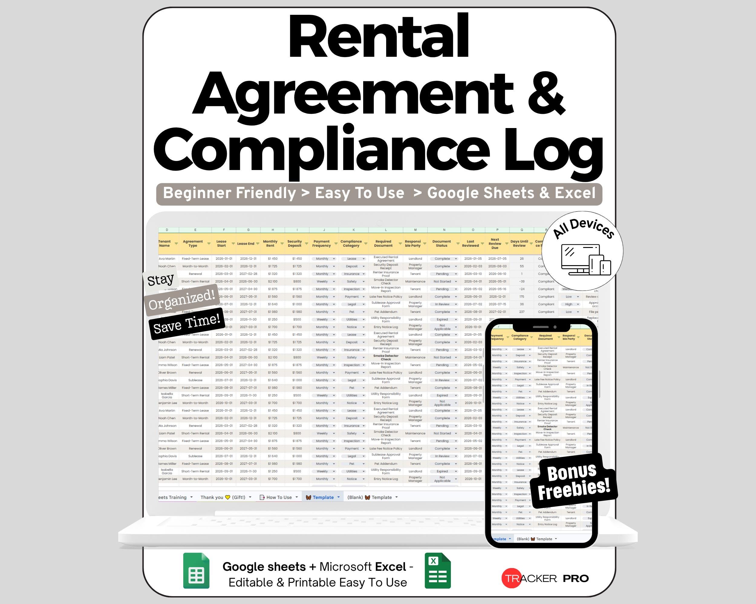 Car Rental Agreement Spreadsheet for Google Sheets and Excel Compliance and Contract Tracker Editable