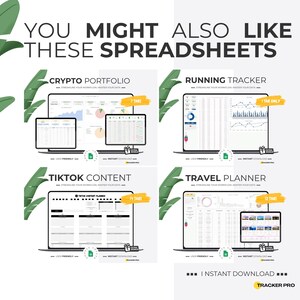 May include: A digital marketing image promoting four different spreadsheet templates: Crypto Portfolio, Running Tracker, TikTok Content, and Travel Planner. Each template is displayed on a laptop screen with a green leaf design in the background. The text "YOU MIGHT ALSO LIKE THESE SPREADSHEETS" is at the top of the image. The text "INSTANT DOWNLOAD" is at the bottom of the image.