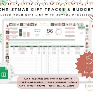 May include: A digital Christmas gift tracker and budget spreadsheet displayed on a laptop screen. The spreadsheet includes sections for budget, gift ideas, and a countdown to Christmas. The image also features festive decorations and the text "CHRISTMAS GIFT TRACKE & BUDGET".