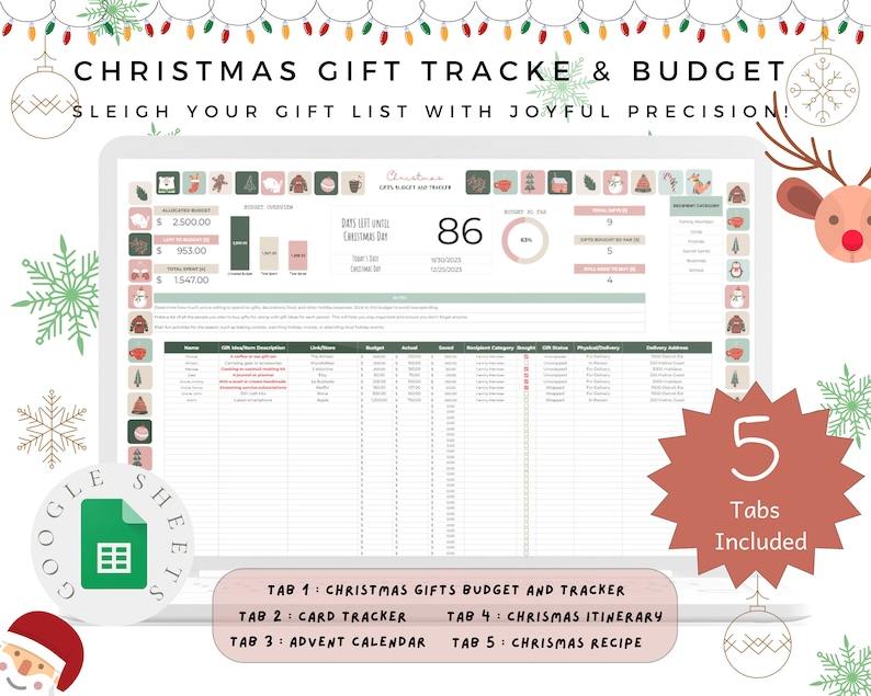 May include: A digital Christmas gift tracker and budget spreadsheet displayed on a laptop screen. The spreadsheet includes sections for budget, gift ideas, and a countdown to Christmas. The image also features festive decorations and the text "CHRISTMAS GIFT TRACKE & BUDGET".