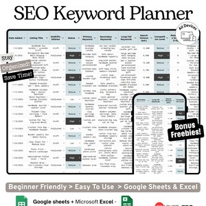 Listing and SEO Keyword Planner Google Sheets Template, Etsy SEO, Product Keywords and Shop Optimization Tracker, Excel image 2