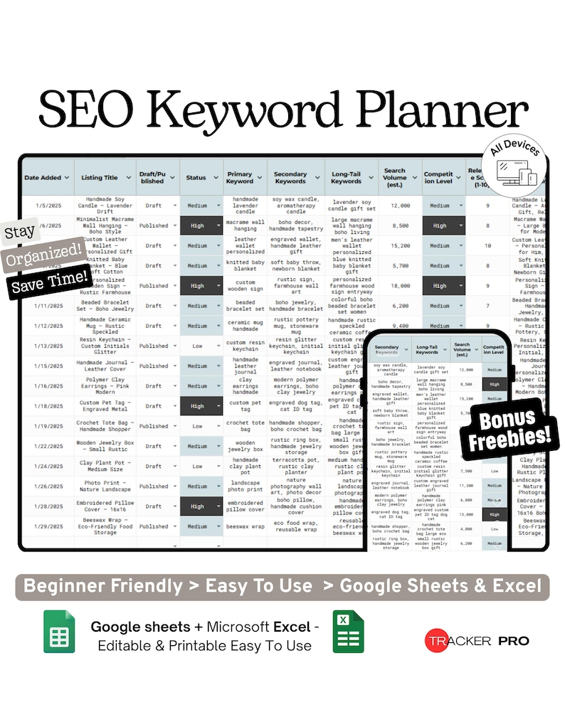 Listing and SEO Keyword Planner Google Sheets Template, Etsy SEO, Product Keywords and Shop Optimization Tracker, Excel image 2